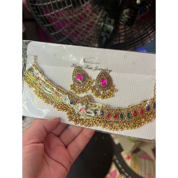 Traditional Indian Jewelry Set Necklace & Earrings Multicolored Stones - Picture 7 of 8